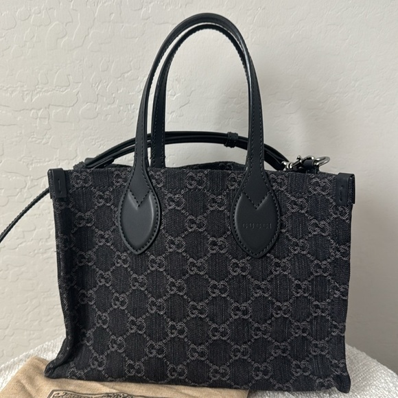 GUCCI Monogram Mini Tote Denim Ophidia Top Handle Crossbody Black - Picture 6 of 16